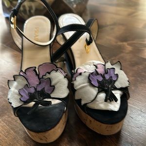 Prada black suede sandals with gray, lilac, purple flower appliqué